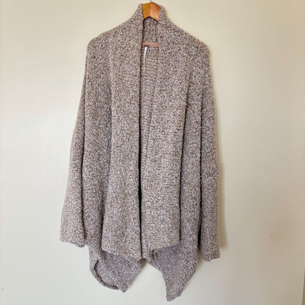 Free People Cardigan Women Large Tan BFF Marled Knit Oversized Open Front Boucle